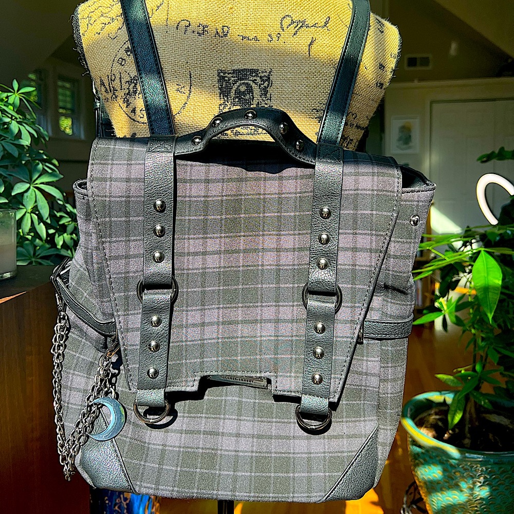 Killstar Black and Grey Tartan Backpack with Chains